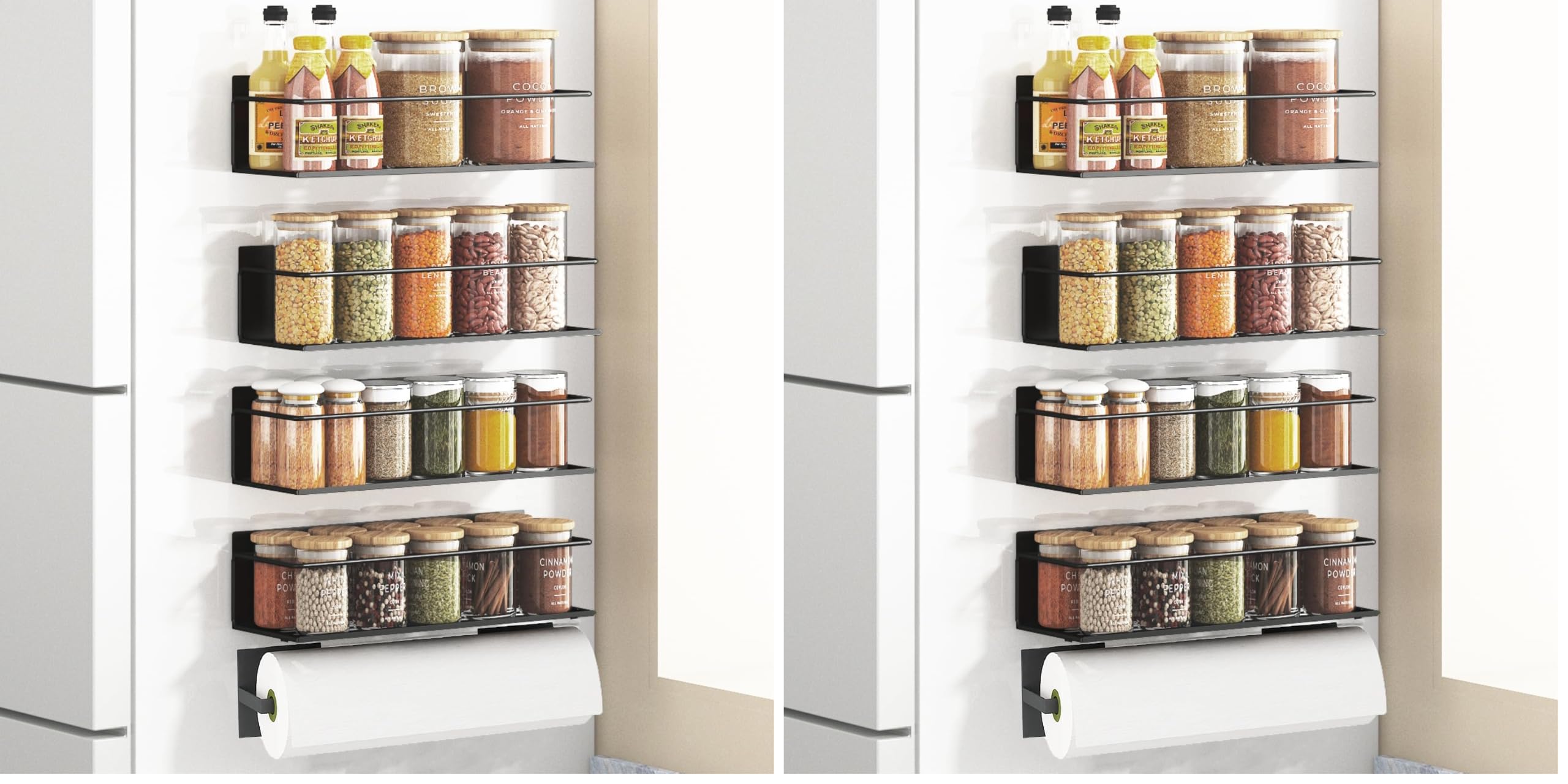 Magnetic Spice Rack For Refrigerator, Magnetic Fridge Shelf For Kitchen, Magnetic Shelf For Fridge Space Saving Black 8 Pack With Magnetic Paper Towel Holder