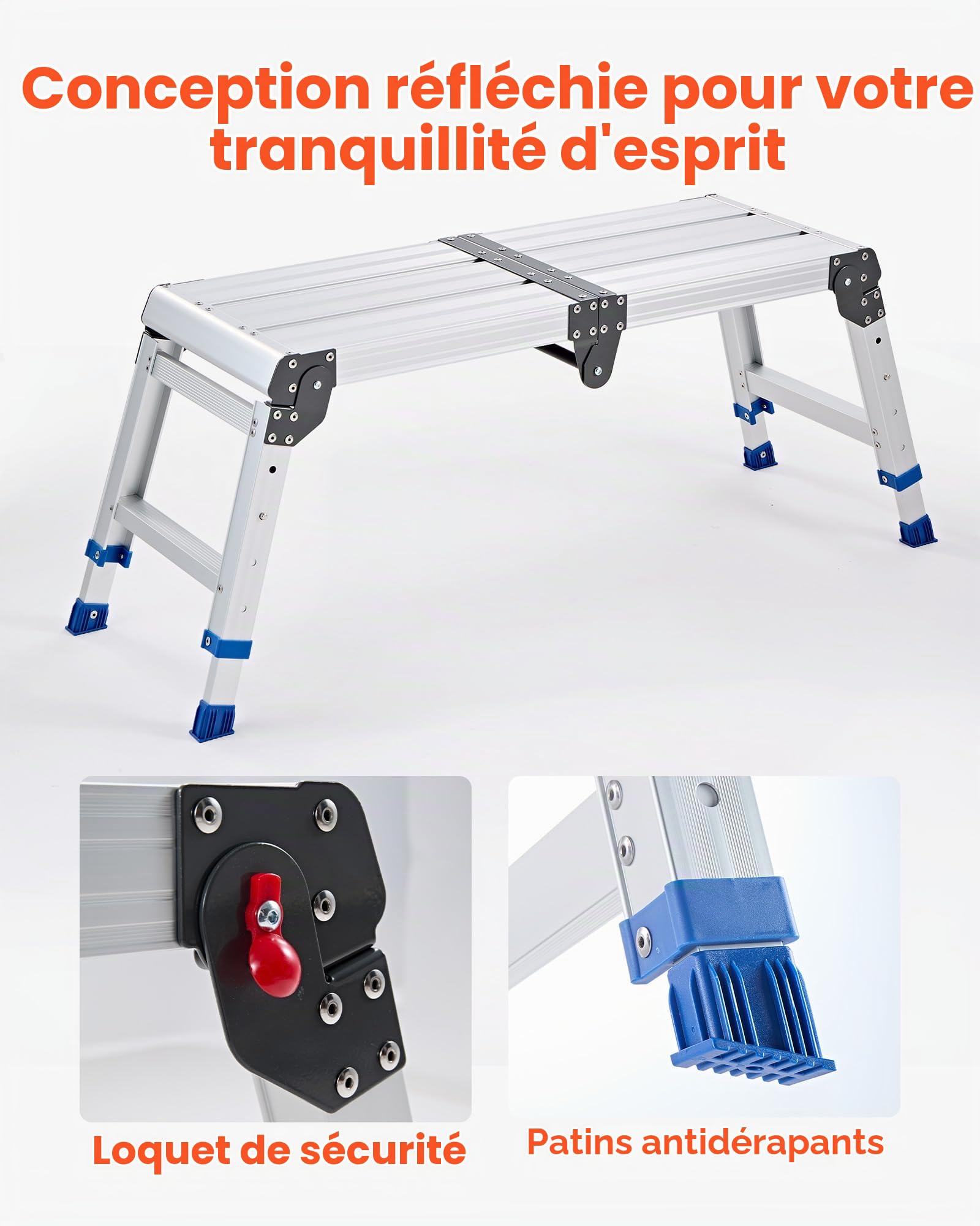 VEVOR Plateforme de Travail Pliable, Hauteur Réglable 360-508 mm, Marchepied en Alliage d'Aluminium, Capacité de Charge 226,8 kg, pour Peinture, Nettoyage, Maison et Usage Professionnel, Antidérapant