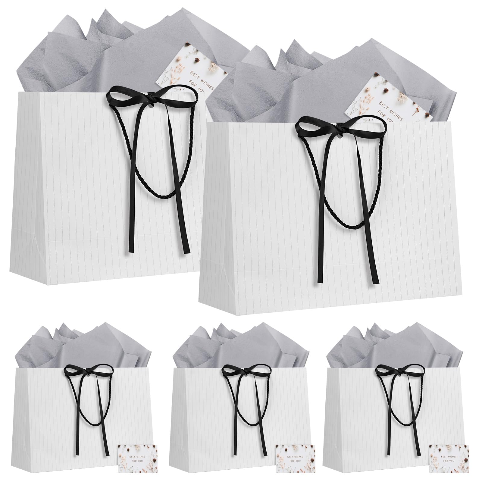 LVNRIDS 5 Piece Gift Bag Large with Handle, 32x11x25cm Gift Bags with ribbons 5 Greeting Cards 5 Tissue Paper, Gift Bags for Wedding Birthday Party Christmas Thanksgiving Presents White