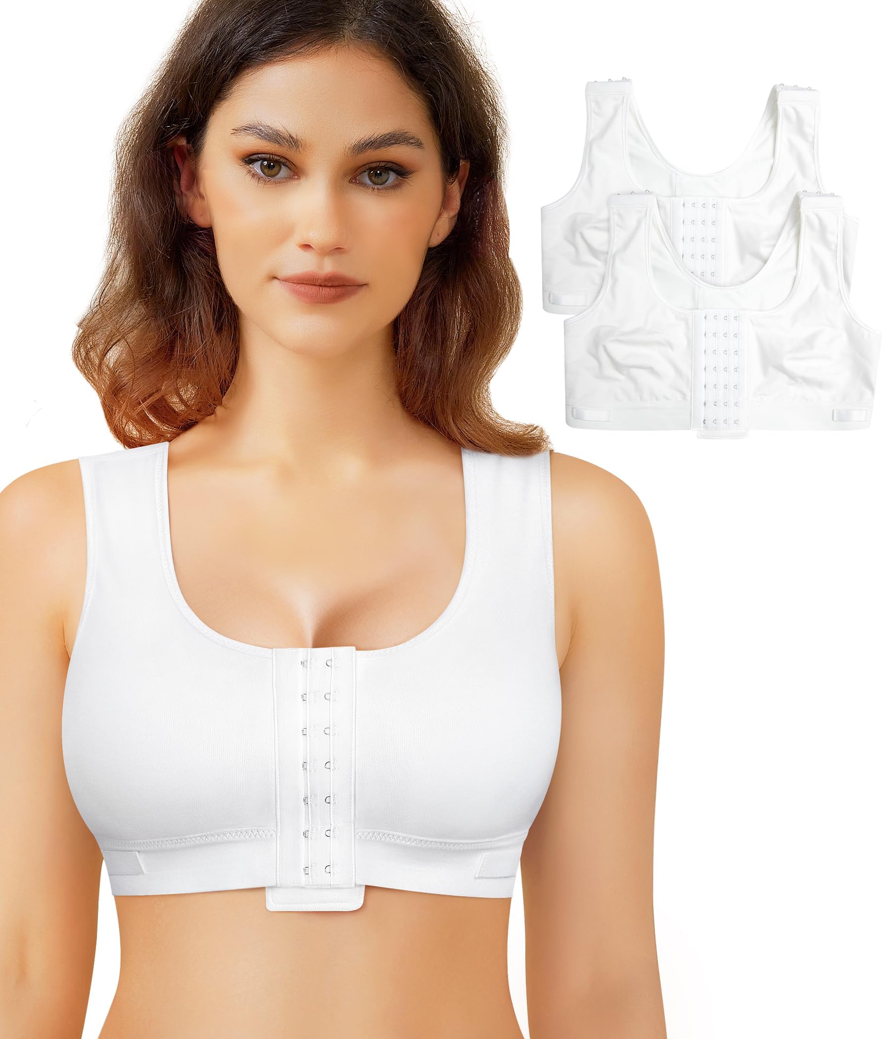 BRABIC Women Front Closure Post Surgery Compression Everyday Bras for Mastectomy Support with Adjustable Straps Wirefree(Medium, White 2pk)