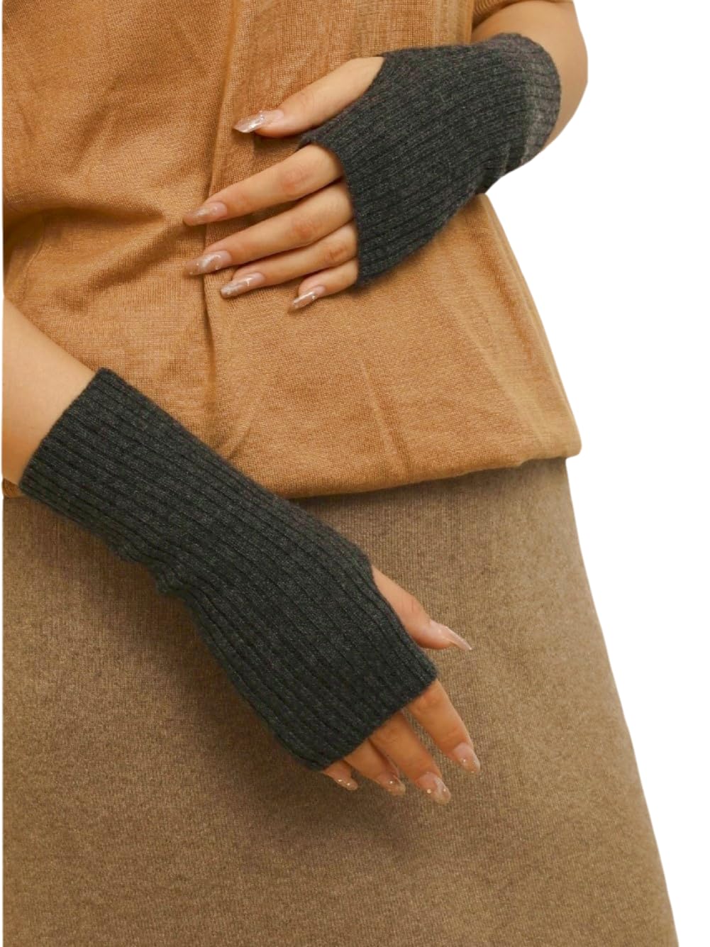 Prettystern Women's Cashmere Wool Ribbed Fingerless Gloves Hand Warmers Wrist Warmer Pulse Warmer, N - Dark Grey, Länge 21 cm, Gewicht 20g