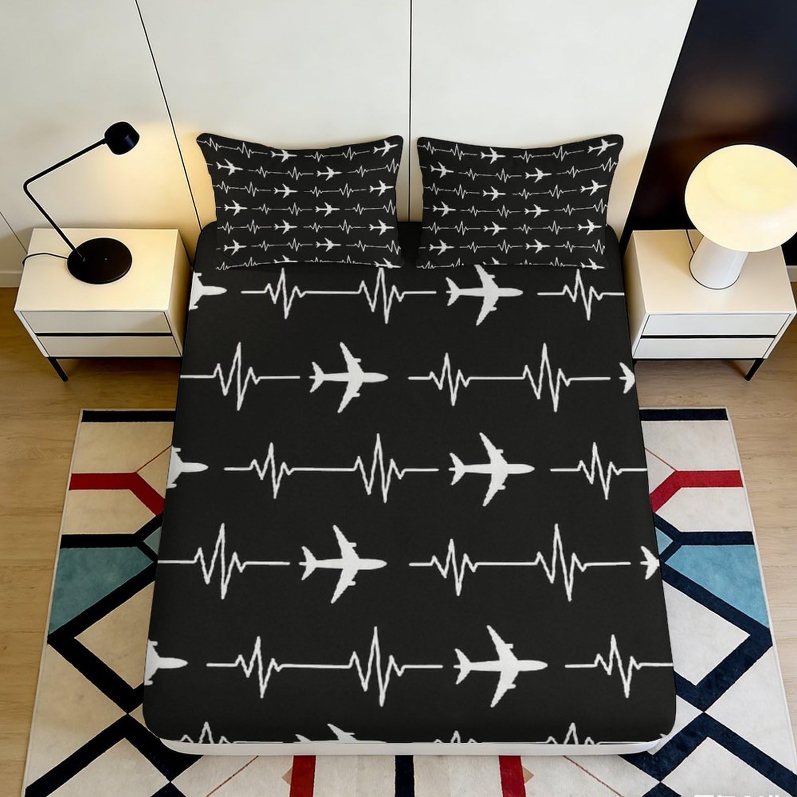 3D Printed Airplane Pattern Fitted Sheet Microfiber Soft Black Plane Heartbeat Mattress Cover for Bedroom Guestroom Dormitory Use 90x200x25cm