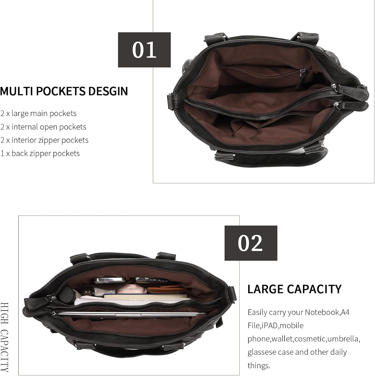 KL928 Large Purses for Women Shoulder Bag Tote Handbags Stylish Vegan Leather Hobo Bags Ladies, A-Black-4 | Large, Purses, Stylish, Ladies, Large, Purses - Image 4