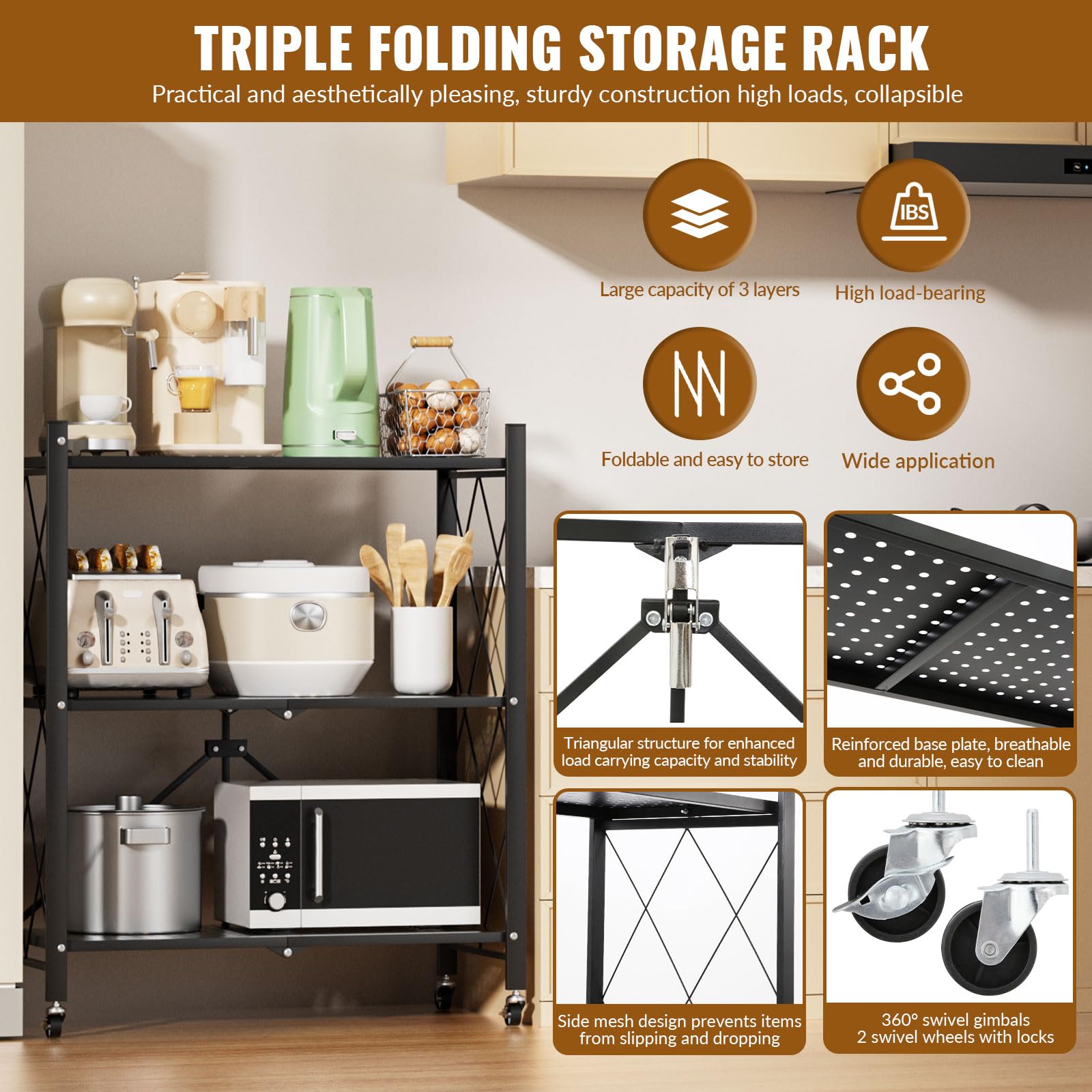 VELPAX Pieghevole Scaffali in Metallo con Ruote,3 Piano Ripiano Scaffale con Ruote,Soggiorno con 3 Ripiani,gehören Camera da Letto,caffale Pieghevole,Mobili per Cucina