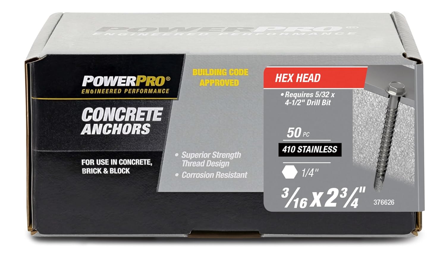 Power Pro Concrete Screw Anchors #410 Stainless Hex Washer (3/16" x 2-3/4") 50-Piece