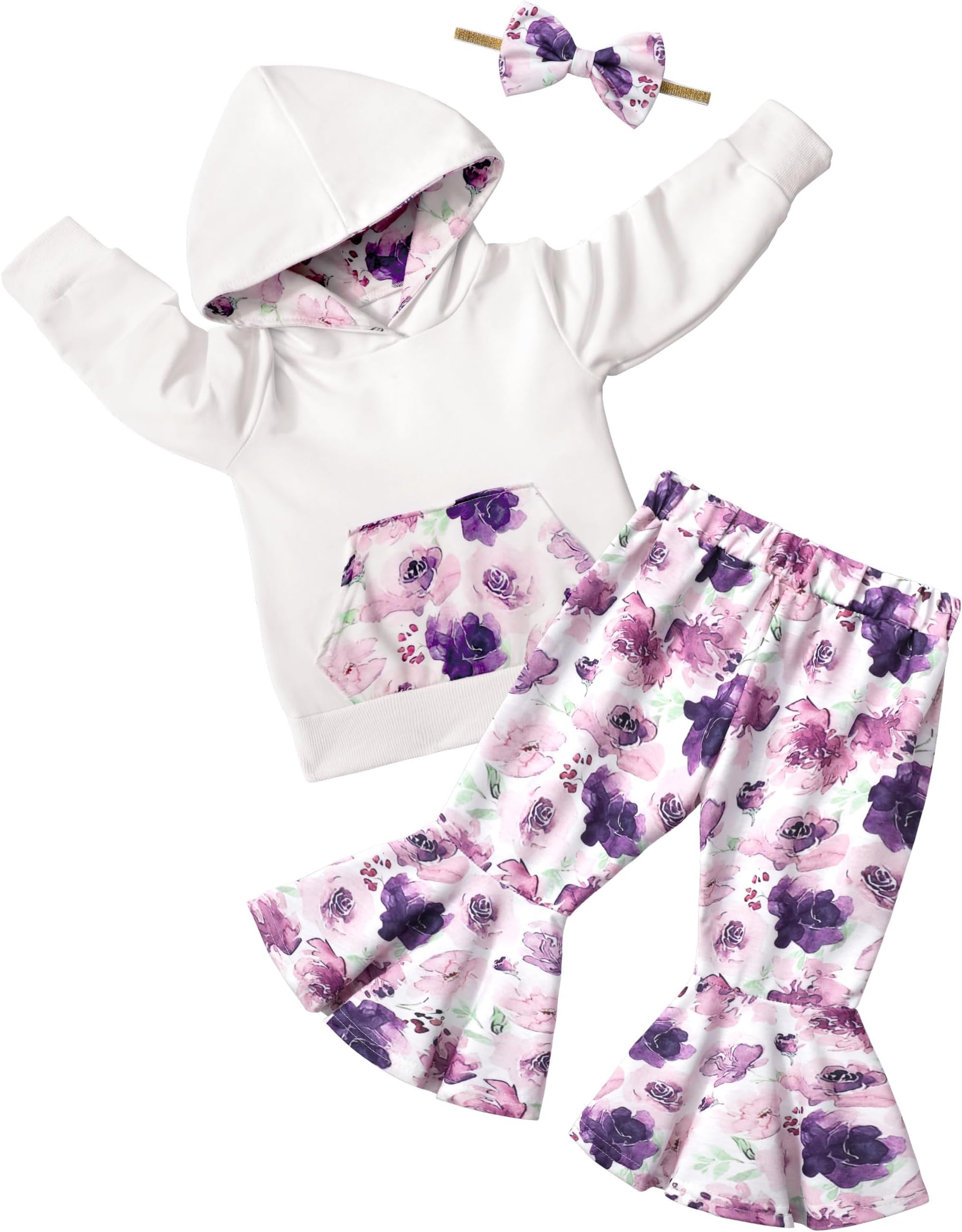 AGAPENG Baby Girl Clothes Long Sleeve Floral Hoodie Sweatshirt Flare Pants Bell Bottom with Pocket Headband Fall Winter Outfits, Floral Purple, 0-6 Months