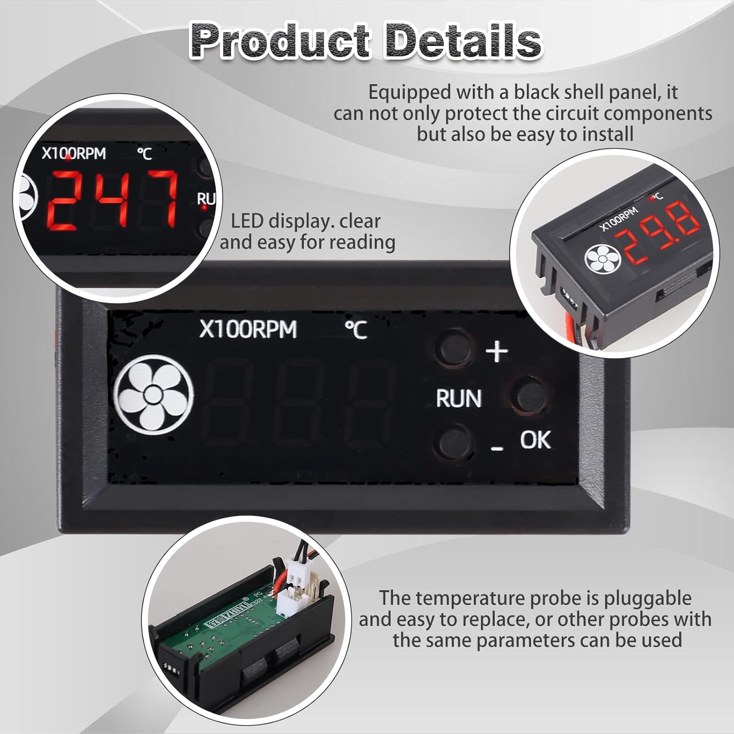Product details showing LED display and pluggable temperature probe