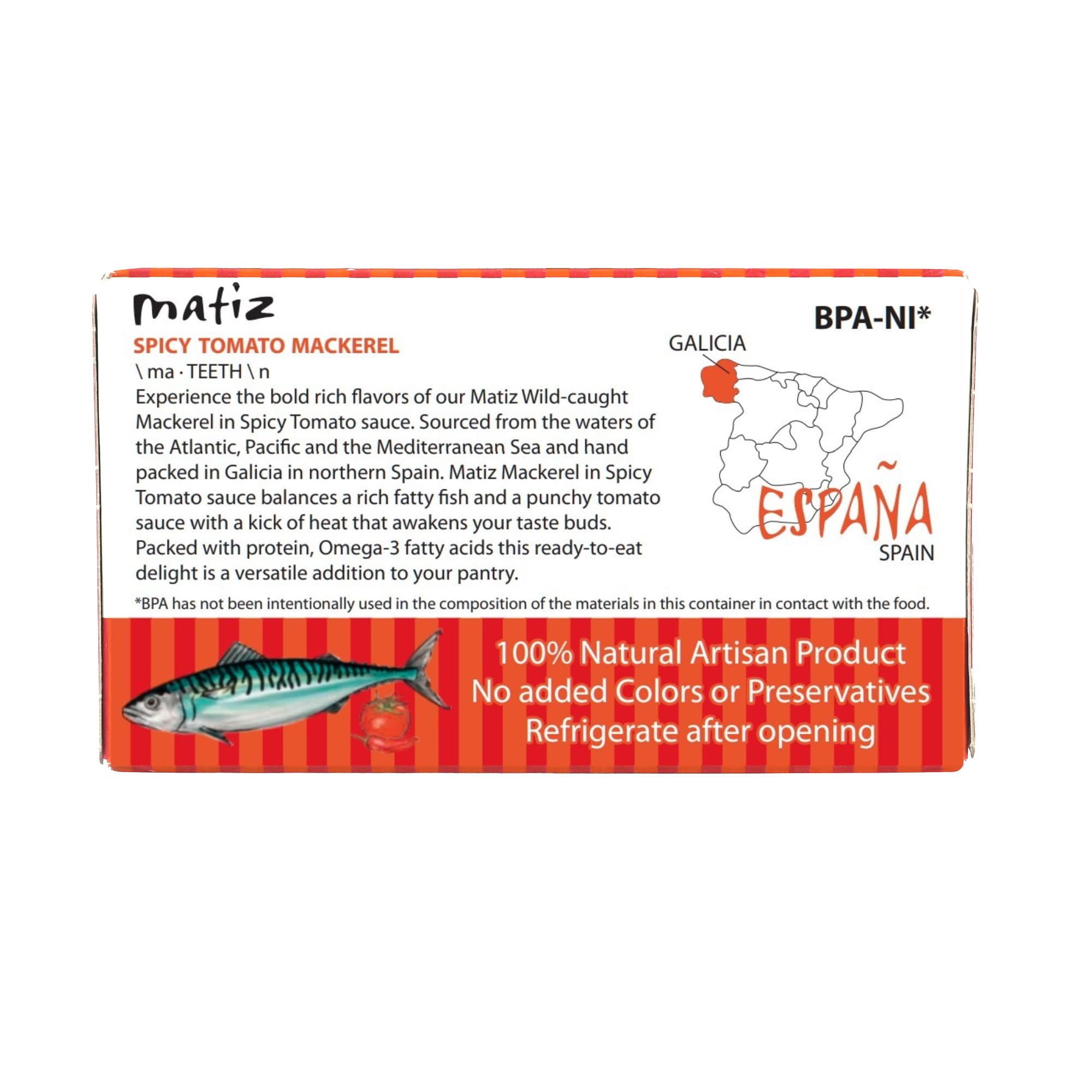 Matiz Spicy Tomato Mackerel | 3 oz | in a Spicy Tomato Sauce | Spain | Natural | Artisan | Wild Caught | Gourmet | Ready-to-Eat | (1 Pack)