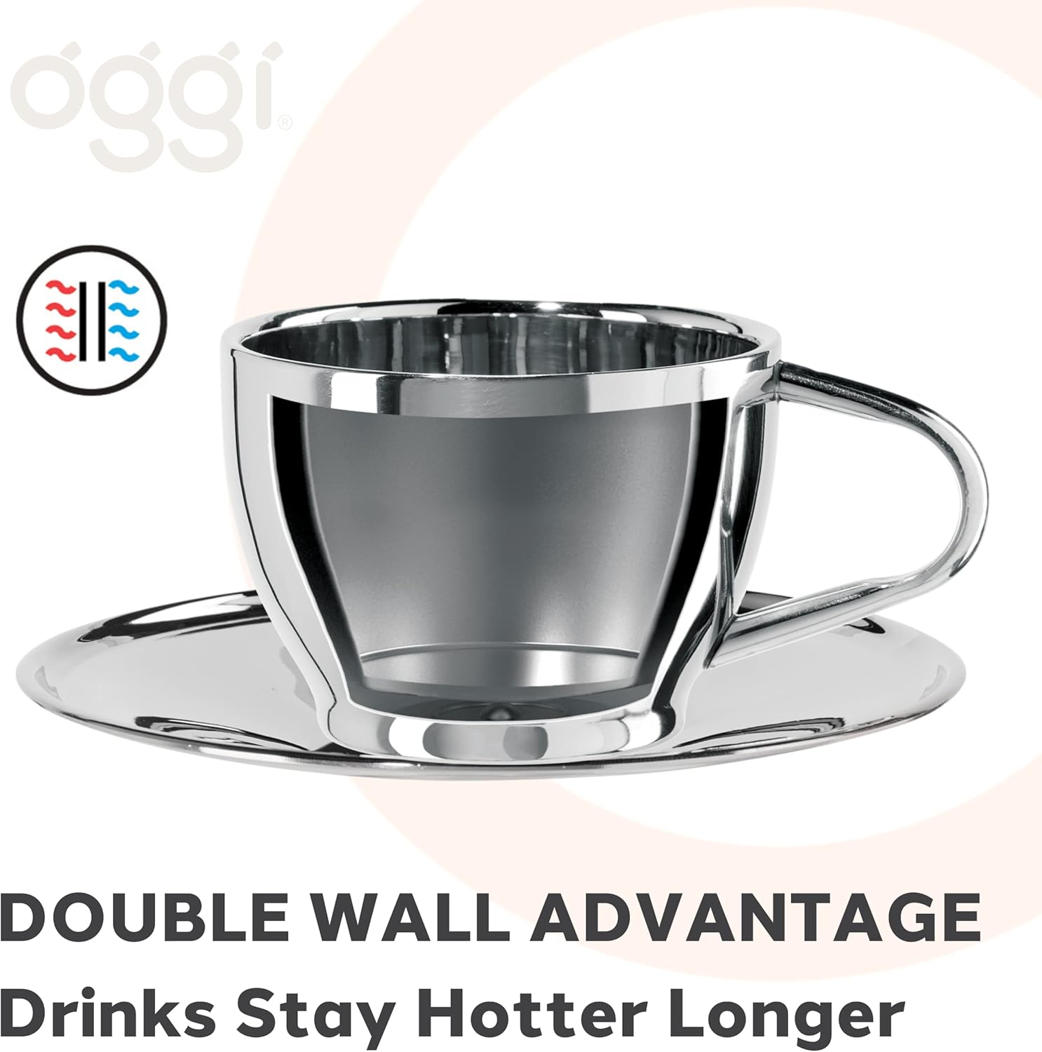 Oggi Insulated Coffee Cups 6oz - Saucer Included - Dual Wall Stainless Steel Technology Coffee or Tea Cup with Elegant Mirror Finish
