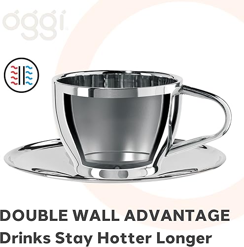 Miniatura 4 de Oggi Taza de café aislada de 12 onzas, platillo incluido, tecnología de acero inoxidable de doble pared, taza de café o té con elegante acabado de