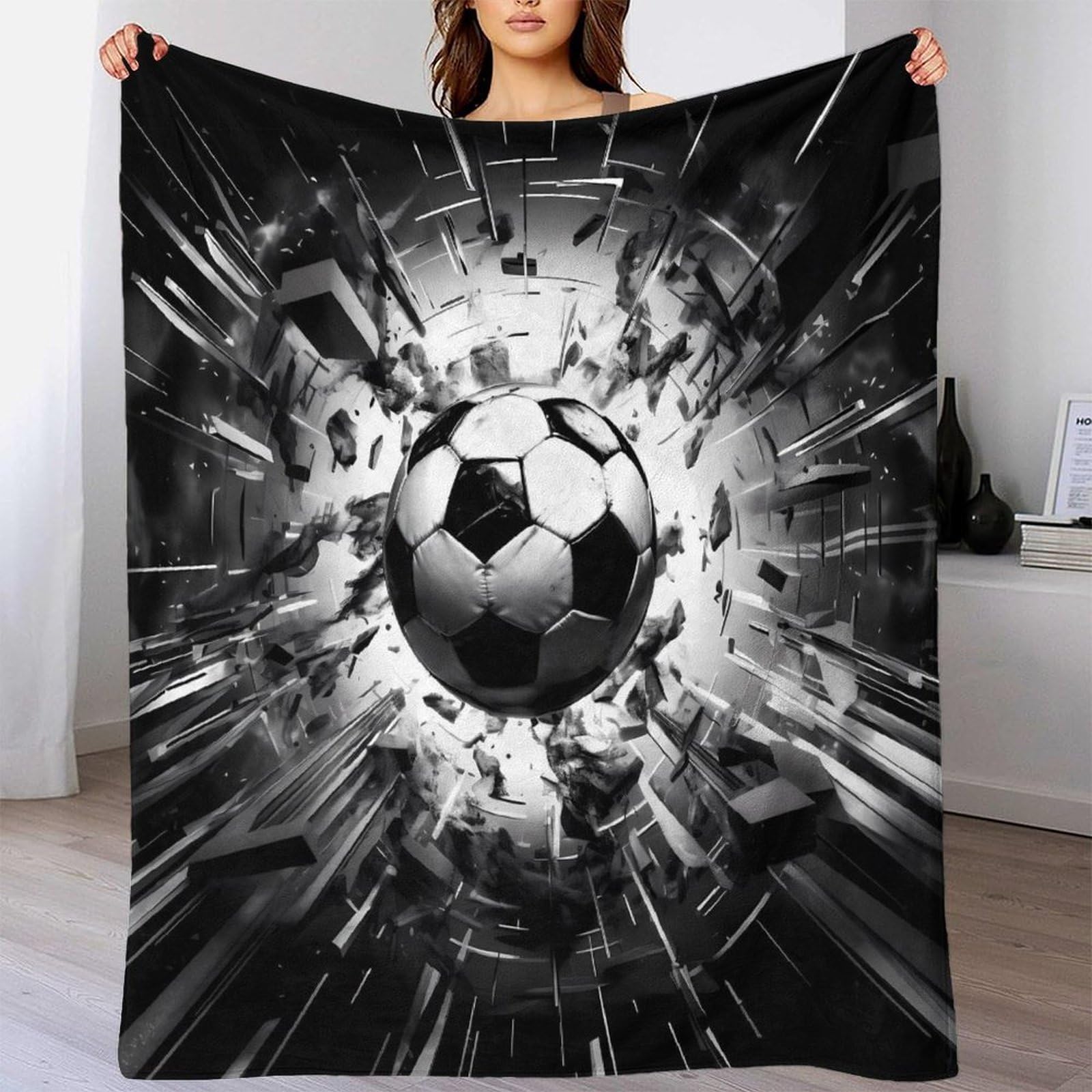stampa 3D SoccerBallImpact coperta da viaggio microfibra biancheria da letto compatta coperta da viaggio morbida per regali per chi viaggia per lavoro DynamicSportsArt 80×90inch(200x230cm)