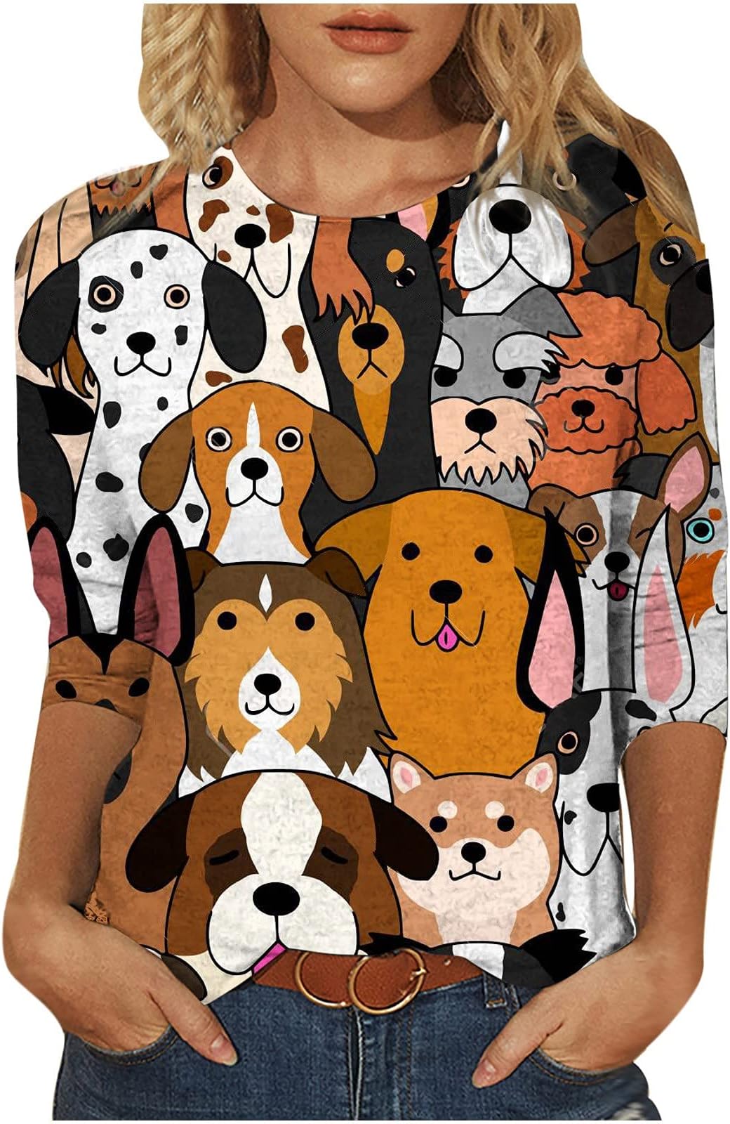 Women's Cat Print Shirts & Blouses Fashion 2021 Trendy Loose Shirt Tunic Pullover Women's Print Cut Kawaii Print 3/4 Sleeve O Neck Tee Ladies Casual Long Sleeve Basic Tops Sale Clearance