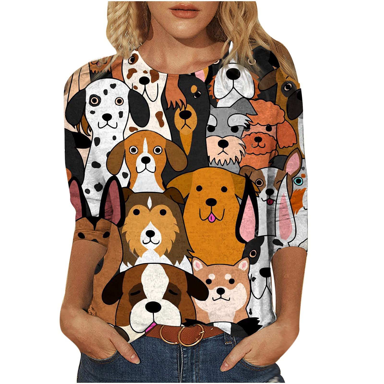 Women's Cat Print Shirts & Blouses Fashion 2021 Trendy Loose Shirt Tunic Pullover Women's Print Cut Kawaii Print 3/4 Sleeve O Neck Tee Ladies Casual Long Sleeve Basic Tops Sale Clearance