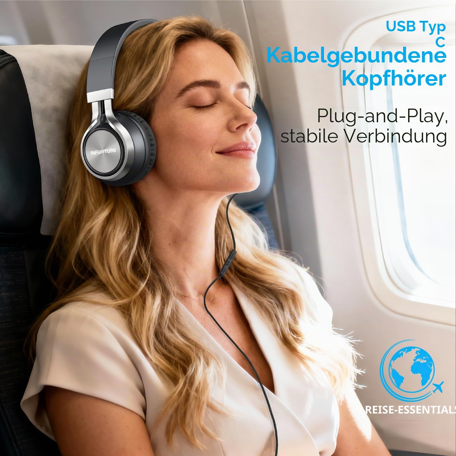 INFURTURE USB C Kopfhörer mit Mikrofon und Lautstärkeregler, Faltbare Kopfhörer Over Ear, Leicht Kopfhörer für Schule/Reisen/Zoom-Meetings/Online-Kurse/Sport/iPhone 17/16/15,Technikgeschenke - Schwarz