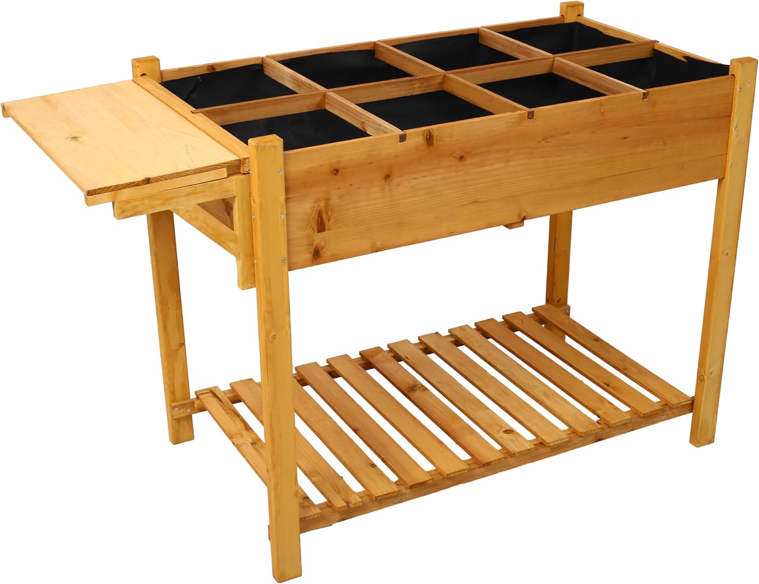 22x49 Inch Raised Garden Bed with Legs Foldable Side Table & Storage Shelf Wooden Elevated Planter Box with 8 Grids Divider & Protective Liner Standing for Vegetables Flowers Herbs (Yellow)