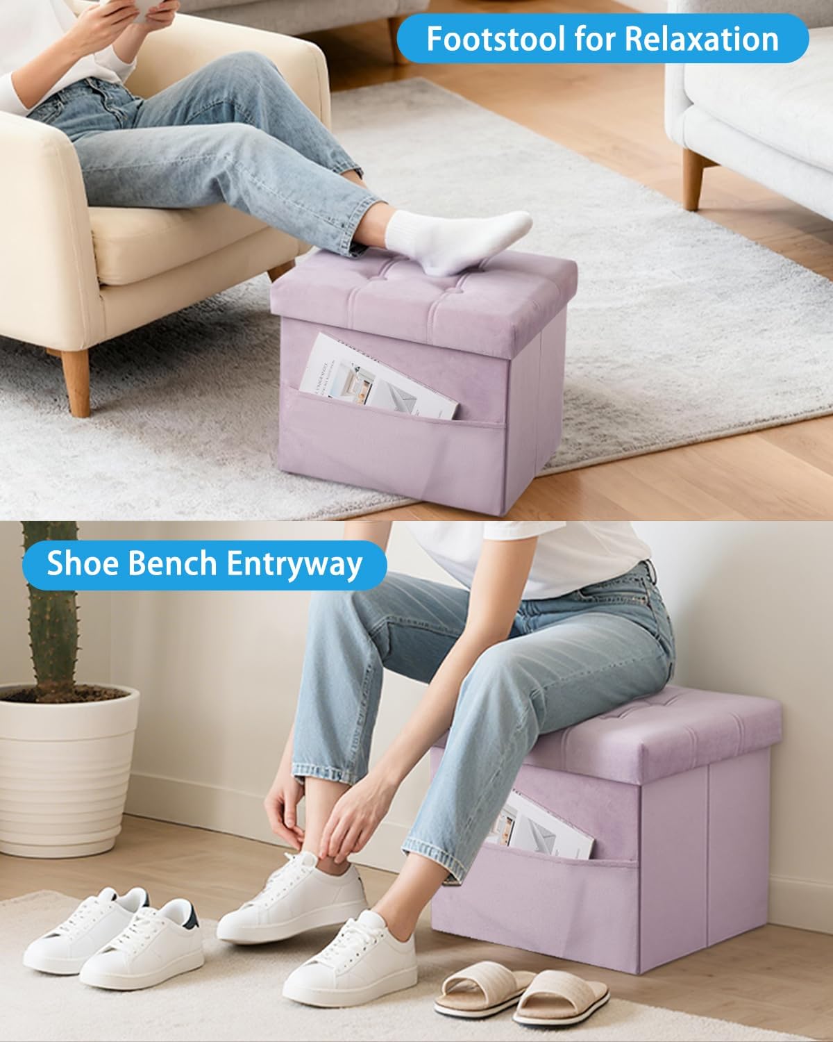 Storage Ottoman Foot Stool, 17 inches Folding Ottoman with Storages, Velvet Storage Bench with Side Pocket, Foot Rest for Living Room, Bedroom (Light Purple) - Image 4