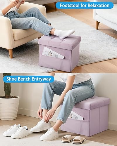 Miniatura 4 de Taburete otomano de almacenamiento, otomana plegable de 17 pulgadas con almacenamiento, banco de almacenamiento de terciopelo con bolsillo lateral,