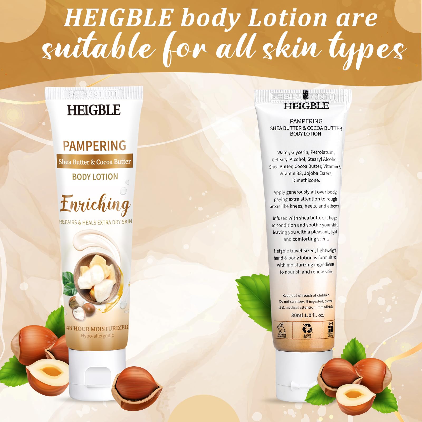 Körperlotionen, Reisegröße, 30 ml, mit Sheabutter und Kakaobutter, feuchtigkeitsspendend für trockene Haut, mit Klappdeckel, ideal für extra trockene Haut, perfekt für P