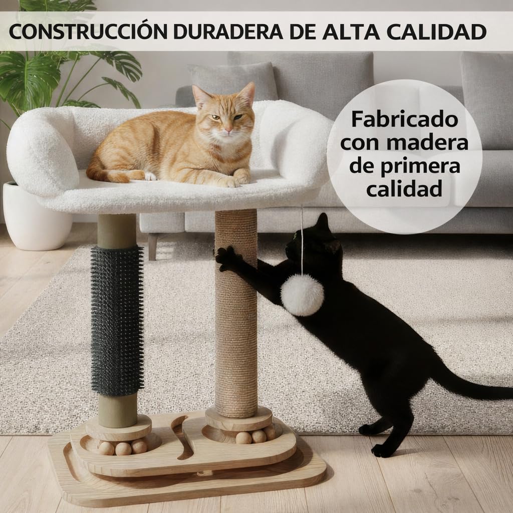 rascador Gato, rascador para Gatos, árbol para Gatos, Cama Gato, con Juguete Colgante y Cama, con Poste sisal, Base Antideslizante de Madera, Multifuncional Juego, Descanso y Cuidado