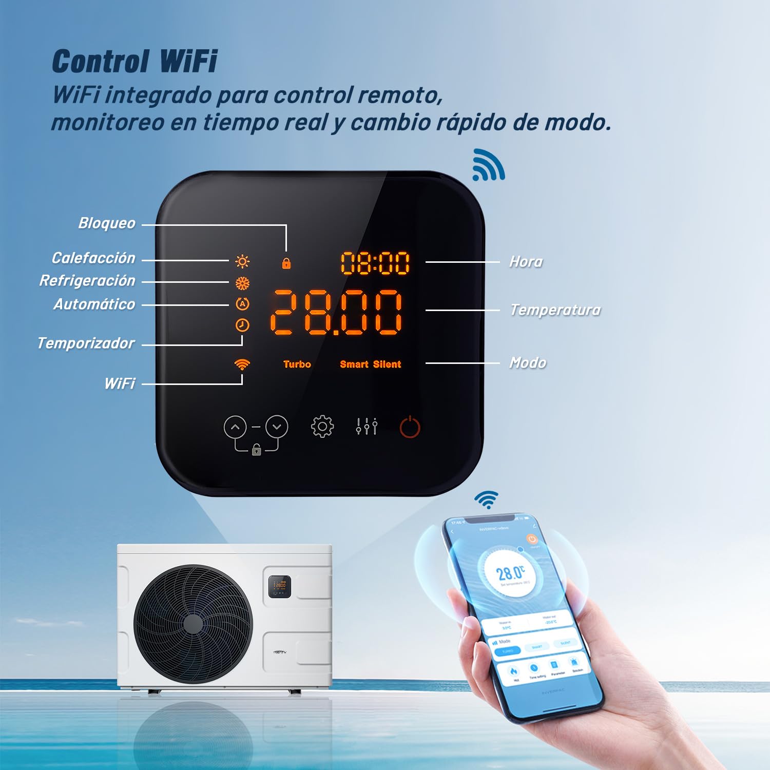 INVERBOOST Elite Pool Wärmepumpe Inverter 7,5 kW für Schwimmbecken bis 20 m³, COP bis 16, Leiser Betrieb, WiFi & Sprachsteuerung | Vollinverter Pool-Wärmepumpe mit COP bis 16, WiFi-Steuerung