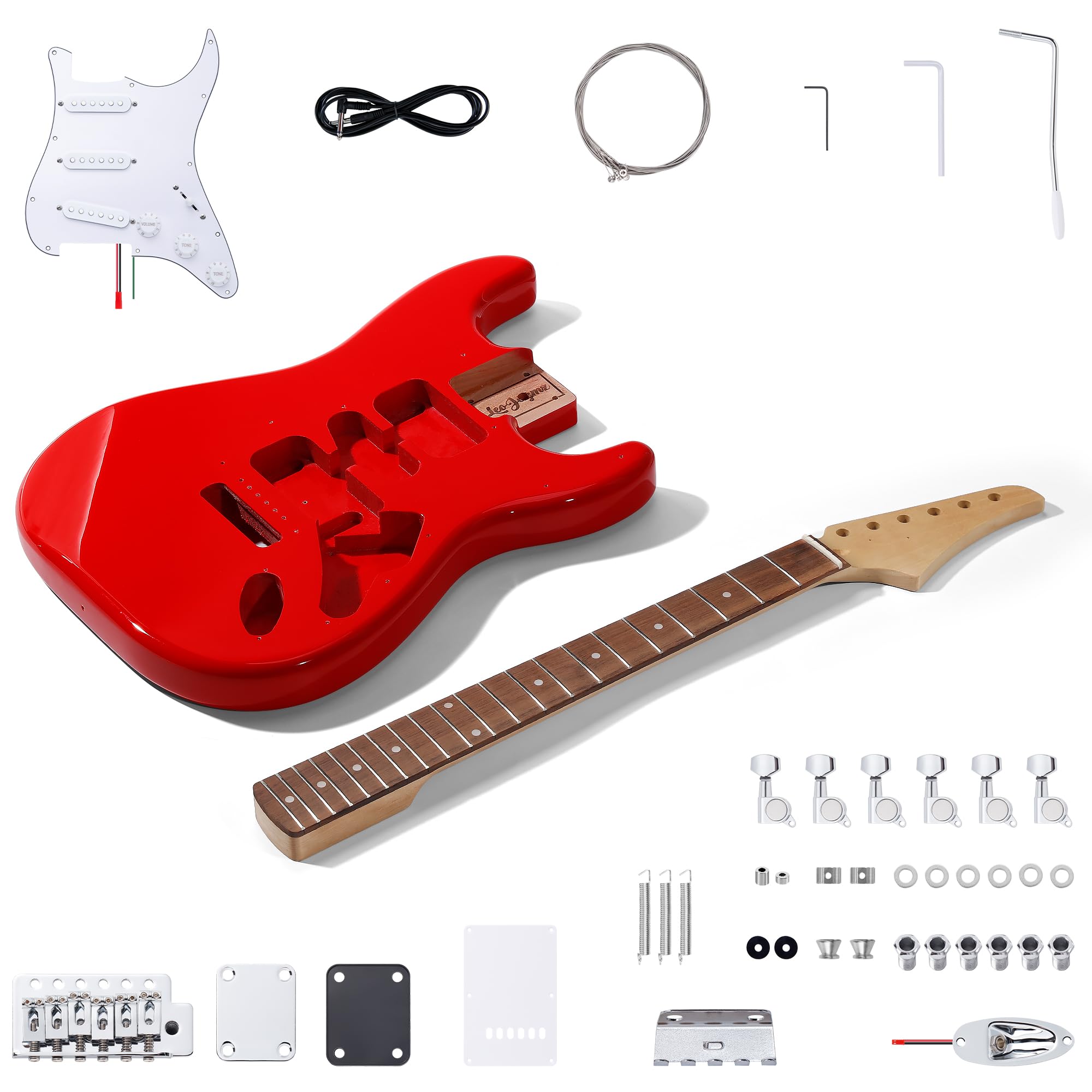 Leo Jaymz DIY ST Style Electric Guitar Kits,Spray-painted Mahogany Body,Laurel Wood Fingerboard and Maple Neck, including all Components (ST-Carnival Red New)