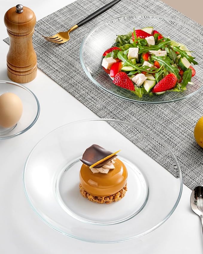Image of PrimeWorld Clear 8-Inch Tempered Glass Plates - Set of 2 | Elegant Dinner, Salad, Dessert Plates | Microwave & Dishwasher Safe, Durable Glassware for Home, Kitchen, and Entertaining