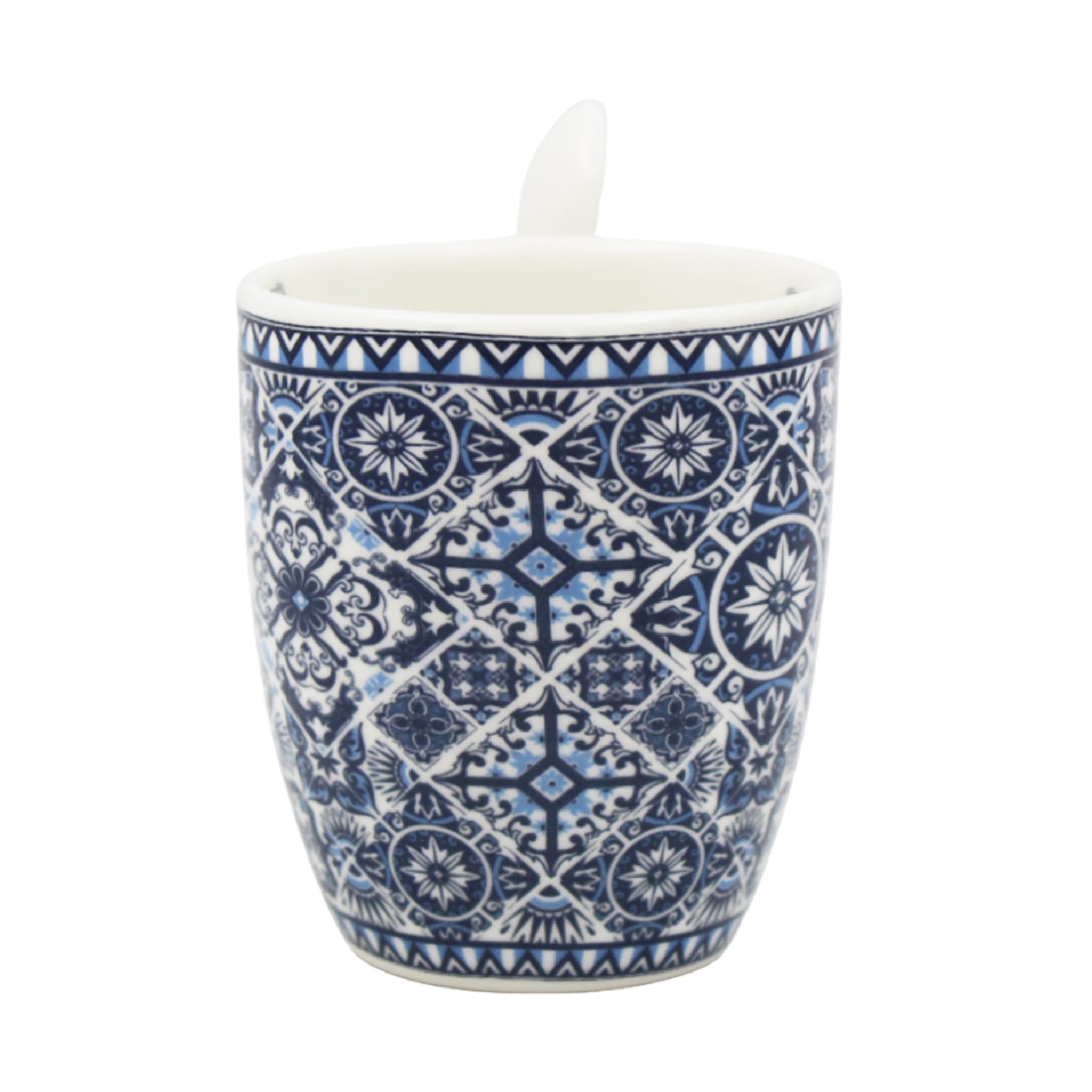 Portuguese Ceramic Espresso Cup with Integrated Spoon Set - Tile Azulejo Design - 4 oz Capacity, Microwave & Dishwasher Safe (Blue & White)
