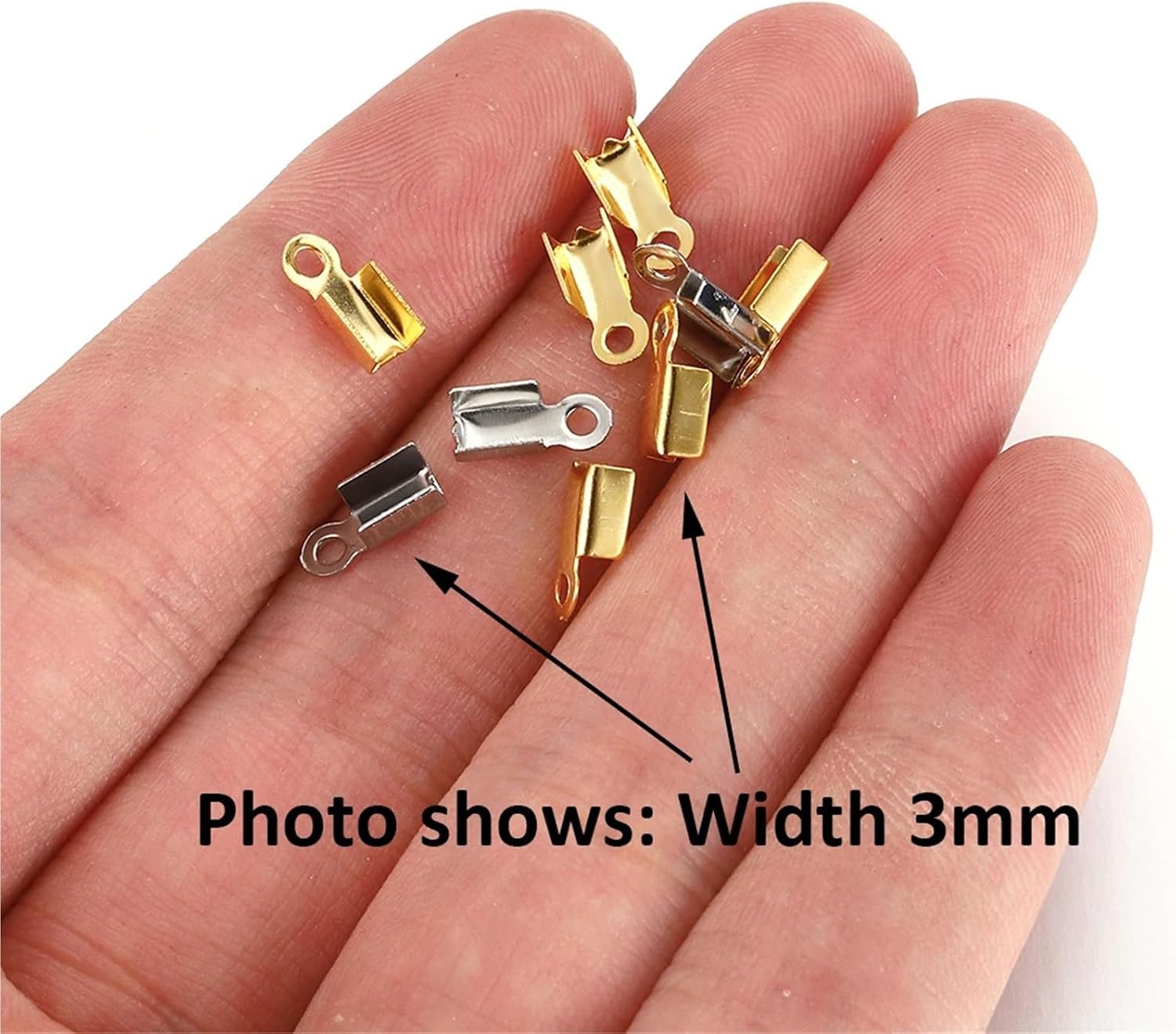 Cord Ends for Jewelry Making 400pcs Stainless Steel Crimp End Caps Cove Clasps String Ribbon Leather Fold Clip Fastener Beads Connector(Steel Color,Width 3mm)