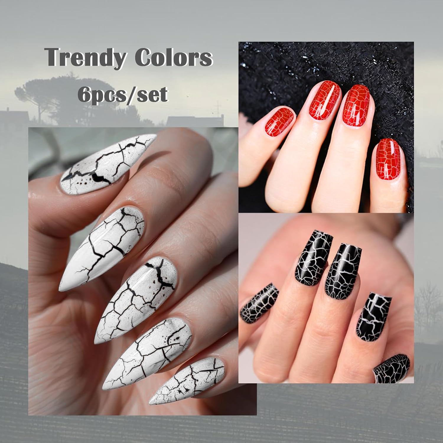 6PCS Crackle Gel Nail Polish Set Crackle Nail Polish Gel Black Purple White Pink Magic Gel Polish Kit, Amazing Cool Crackle Effect Patterned Nail DIY Art Women Gift 8ml