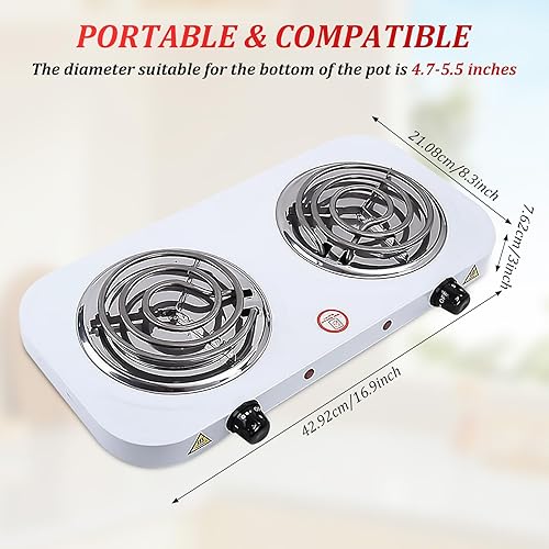 Miniatura 2 de Estufa eléctrica portátil, 2000 W de acero inoxidable doble quemador con placa caliente de bobina, control de temperatura de 5 niveles, luz