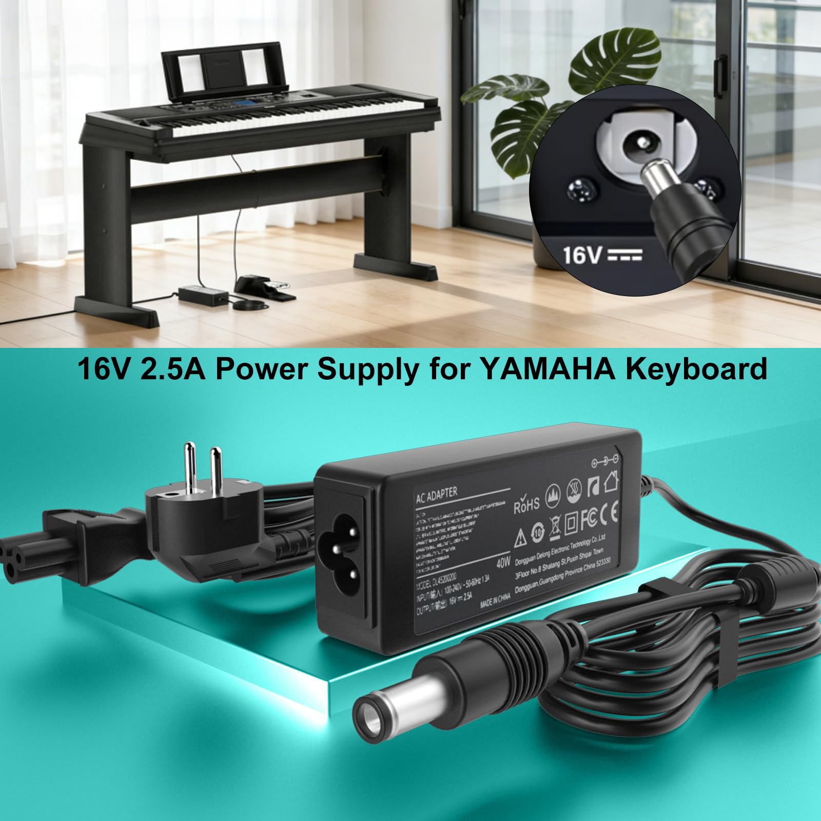 Cargador Adaptador 16V Compatible con Yamaha PA-300 PA-301 PA-300B PA-300C P-120S PSR PSR-S PSRS PSR-1000 PSR-S500 PSRS700 PSR-S900 Teclado Piano CA/CC Fuente de alimentación