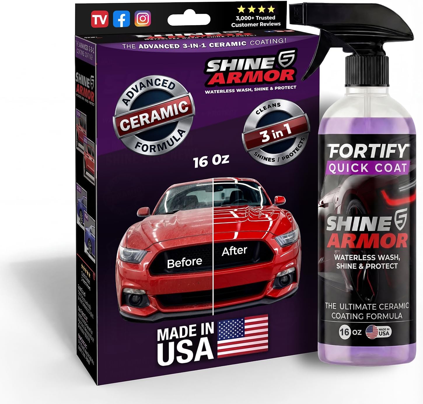 Shine Armor Fortify Quick Coat 3-in-1 Ceramic Spray Wax - Waterless Car Wash, High Gloss Top Coat, Hydrophobic Protection 16oz