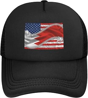 America Flag and Bahrain Flag Baseball Cap Snapback Mesh Truck Driver Cap for Men Women Adjustable Spring Buckle Mesh Hat Breathable Sun Hat Black