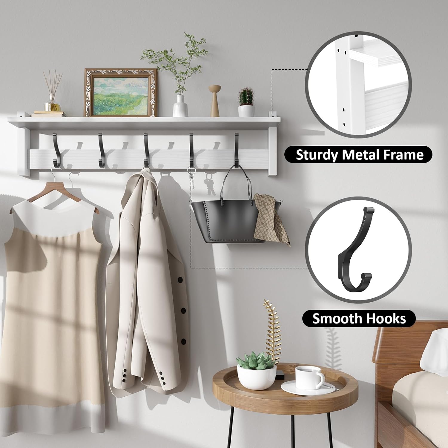 Optish Coat Rack Wall Mount with Shelf, 29 Inch Coat Hanger Walls Mounted, Hat Rack for Walls, Shelf with 5 Coat Hooks, Wall Hanger for Entryway (White)