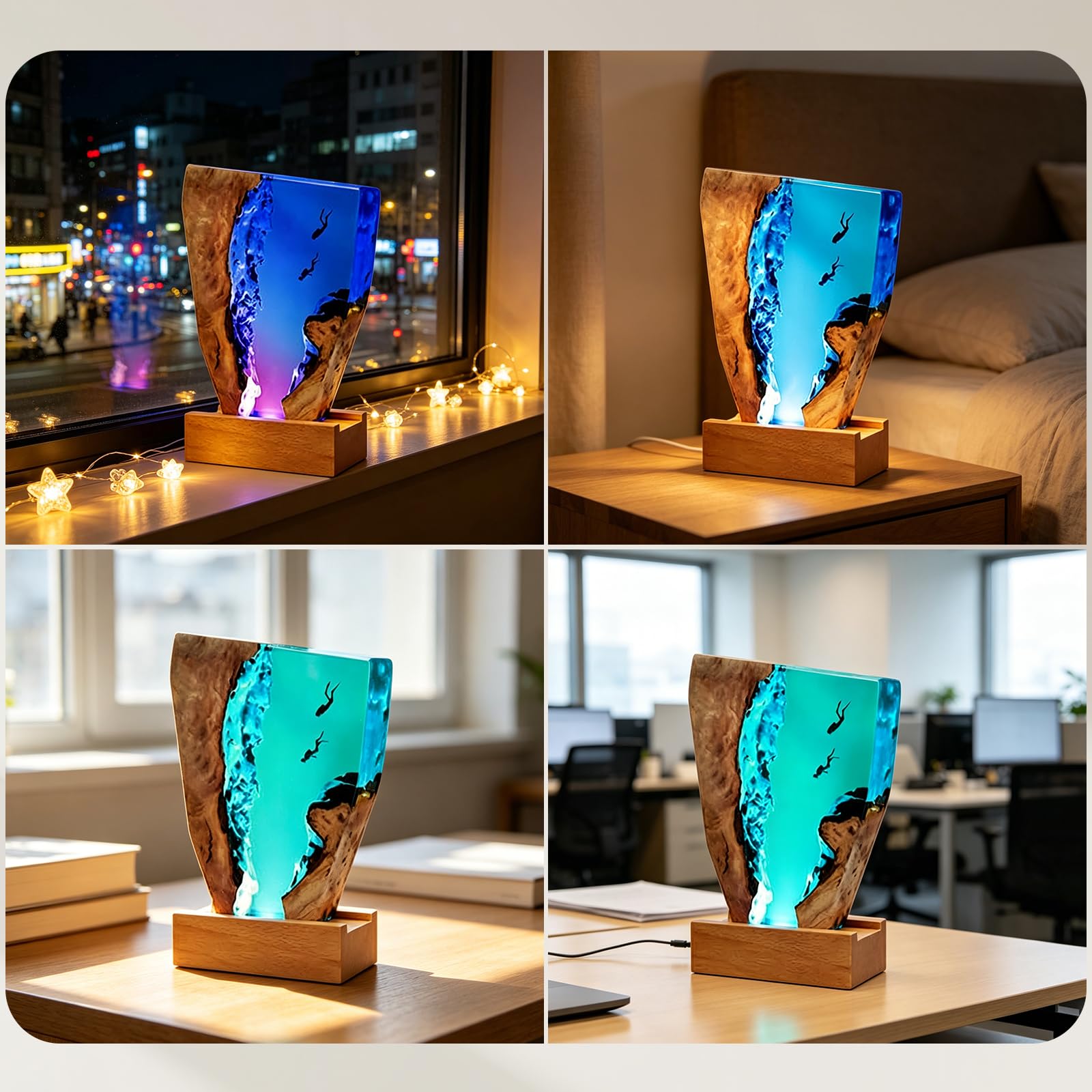 Lampka nocna, statuetka morska, dekoracja, lampa 3D, żywica epoksydowa, ocean, lampka nocna z kablem USB i drewnianą podstawą, do domu, biura, dekoracja na Boże Narodzenie, 18 x 11