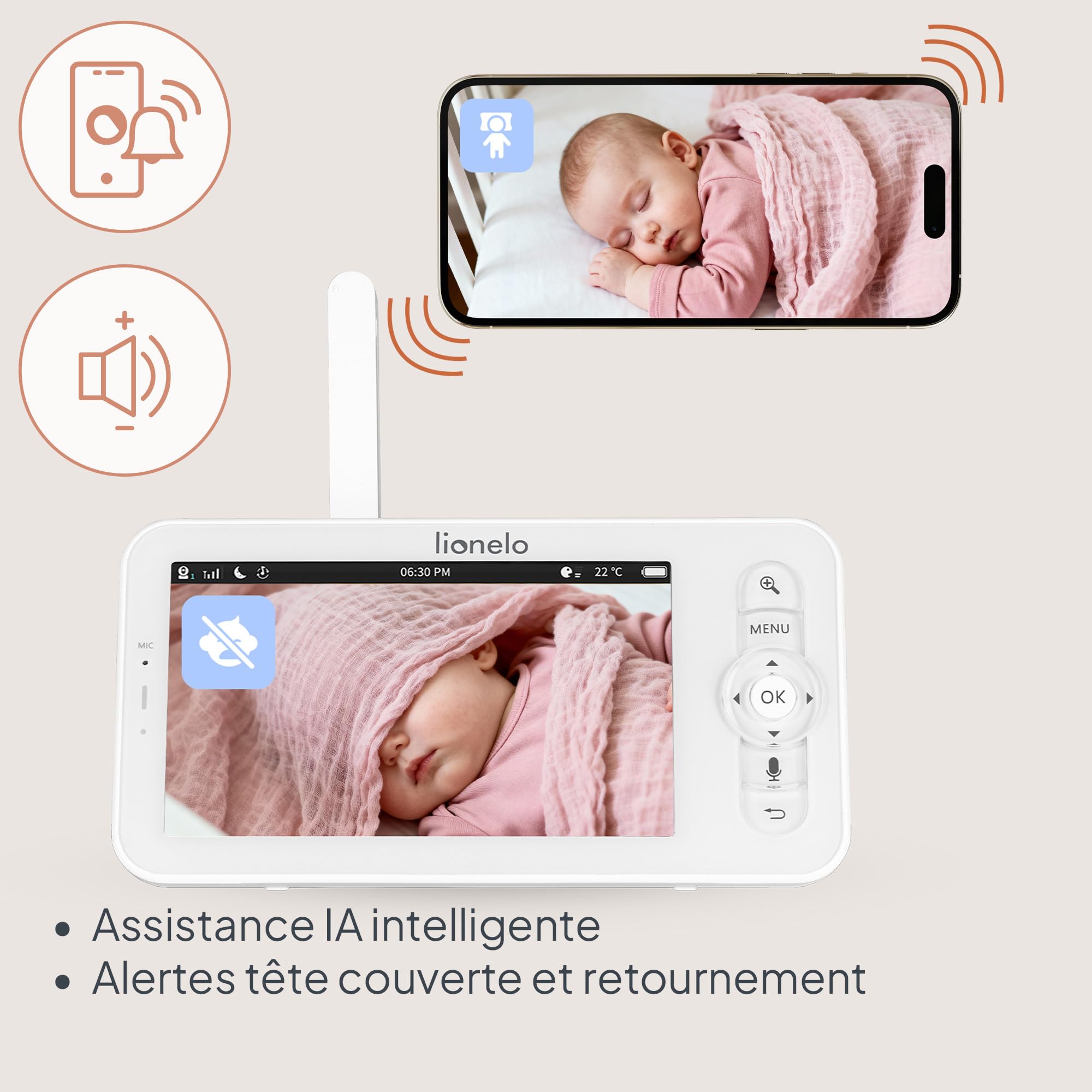Lionelo Babyline 9.2 AI – Babyphone avec caméra 2K et Moniteur 5 ″, Wi-FI Double Bande, détection IA des vins et Couvre-Chef, Suivi des mouvements, capteur de température et d'humidité, Vision