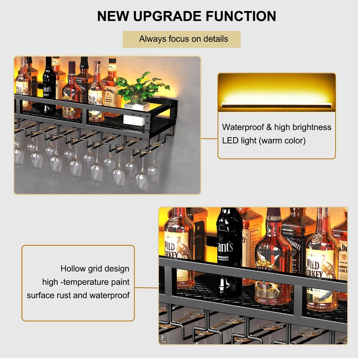 Pengfei LED Wine Rack Wall Mounted, Industrial Metal Wall Wine Shelf & Glass Holder, Large Floating Shelves Wine Bottle Storage Display Rack for Home Bar Dining Room Decor
