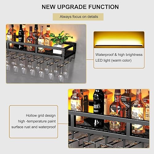 Miniatura 4 de Pengfei Estante LED para vino montado en la pared, estante de metal industrial para vino y soporte para vidrio, estantes flotantes grandes, estante