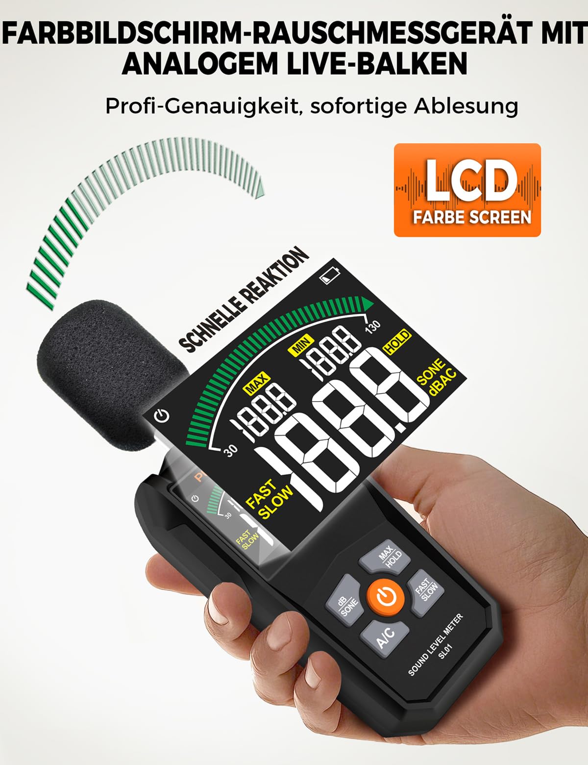 SL01 Dezibel Messgerät,30-130dB Schallpegelmessgerät,Mit A/C-Gewichtung,Datenspeicherung,Maximum/Minimum),Präzises db Messgerät für Professionelle,Industrie & Privatgebrauch