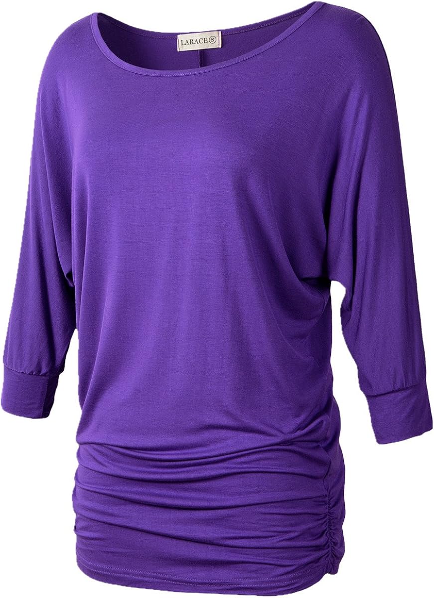 LARACE Womens Dolman Sleeves Drape Tops Solid Side Shirring Jersey Tee