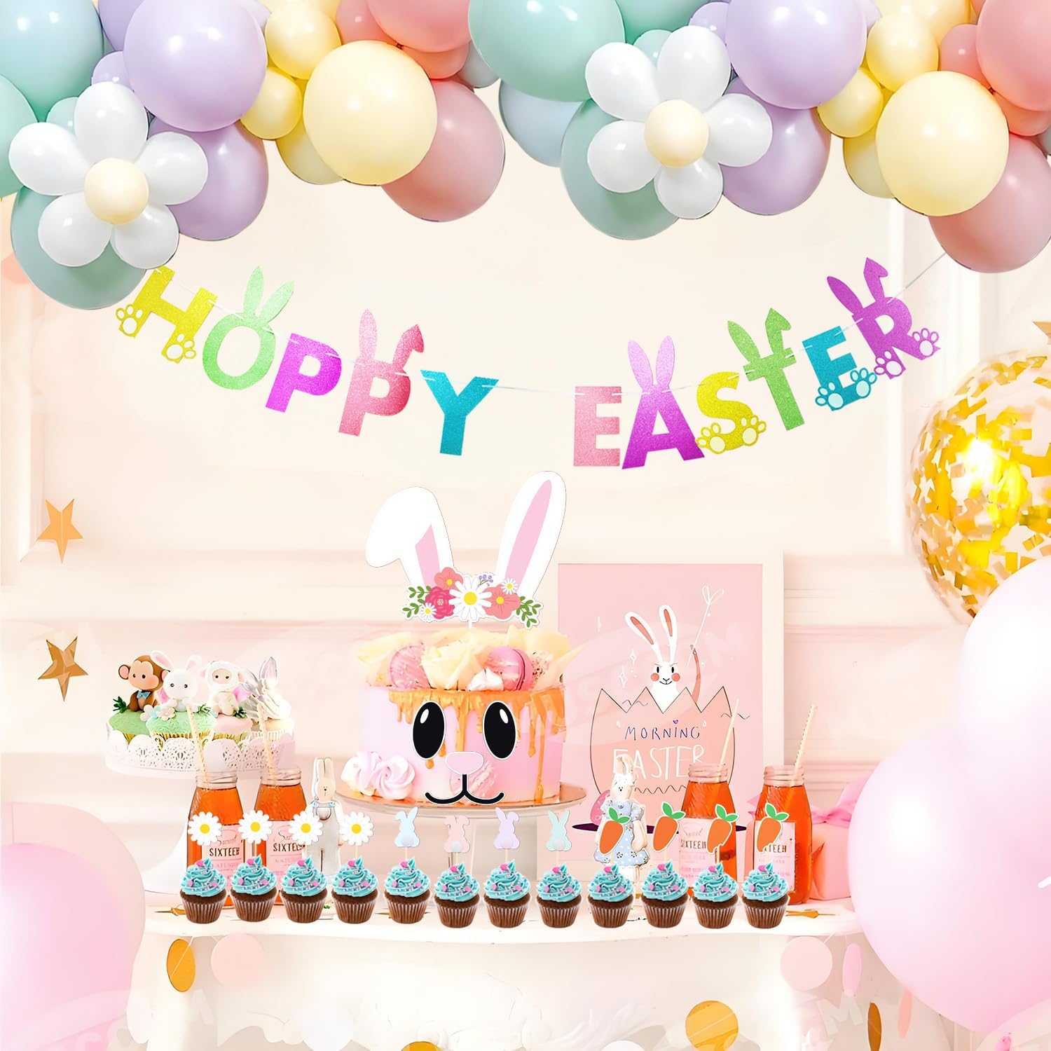 Easter Party Decorations, Glitter Bunny Hoppy Easter Banner, Spring Party Decorations Daisy Rabbit Carrot Cake Toppers for Home Office School Easter Party Ornaments Favors Supplies