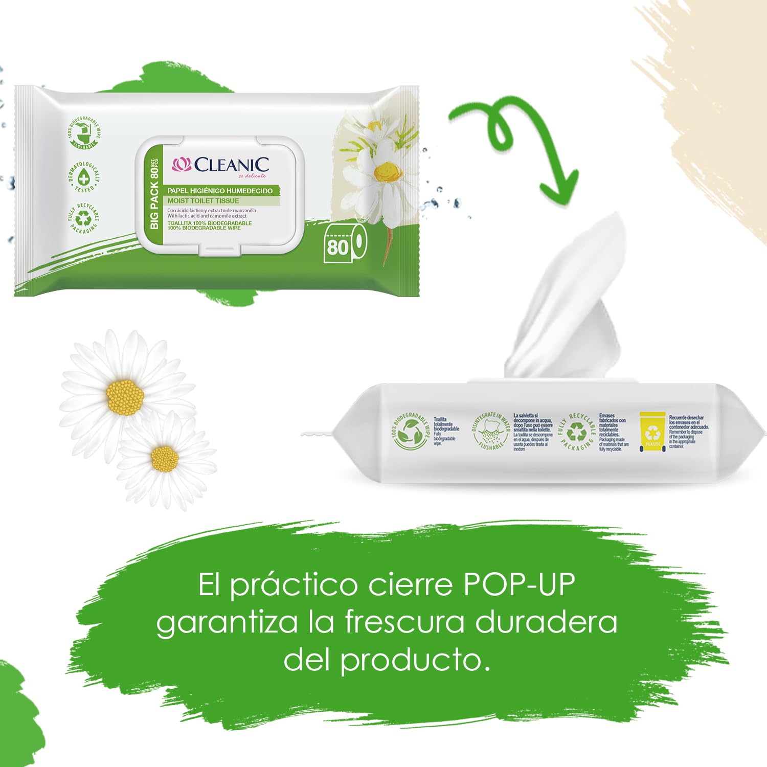 Cleanic Papel Higiénico Hidratado - (80 Piezas) Papel Higiénico - con Extracto de Manzanilla - Desechable - Toallitas Humedecidas para Limpieza Íntima - Apto para Pieles Sensibles - 80 Piezas