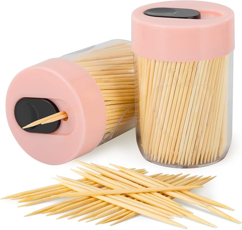 Urbanstrive Soporte para palillos de dientes resistente y seguro con palillos de madera natural para la limpieza de los dientes, decoración de diseño único para el hogar, regalo inusual (2, rosa) | Palillos de dientes duraderos resistentes a curvaturas y roturas mejorados para limpieza de dientes manualidades DIY aperitivo Oliva barbacoa fruta comida