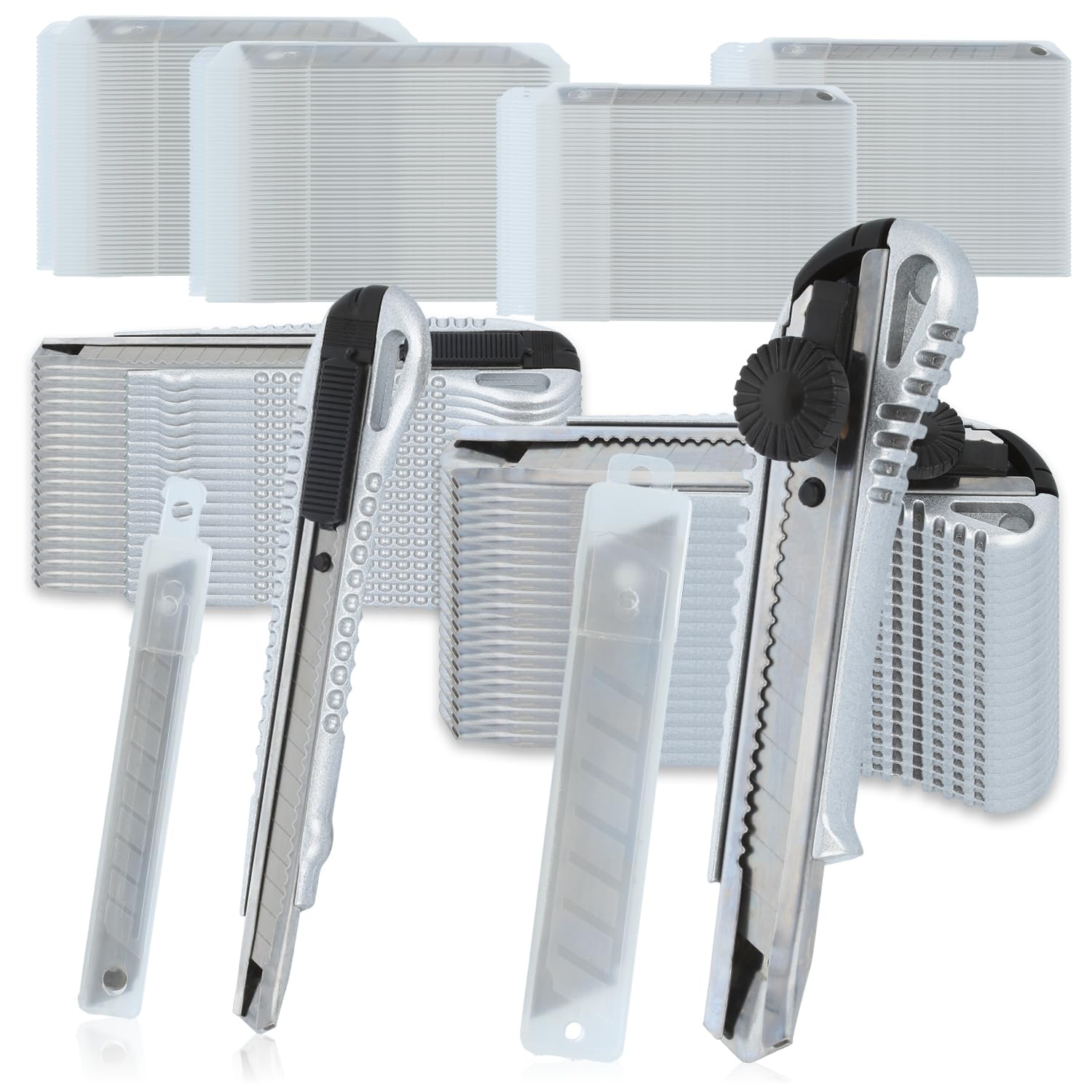 com-four® 40x Cuttermesser mit Ersatzklingen - Teppichmesser mit Aluminiumgriff - Tapetenmesser in 2 Größen - Kartonmesser mit Abbrech-Klingen - scharfe Bastelmesser - Rigipsmesser (Alu - 40 Stück)
