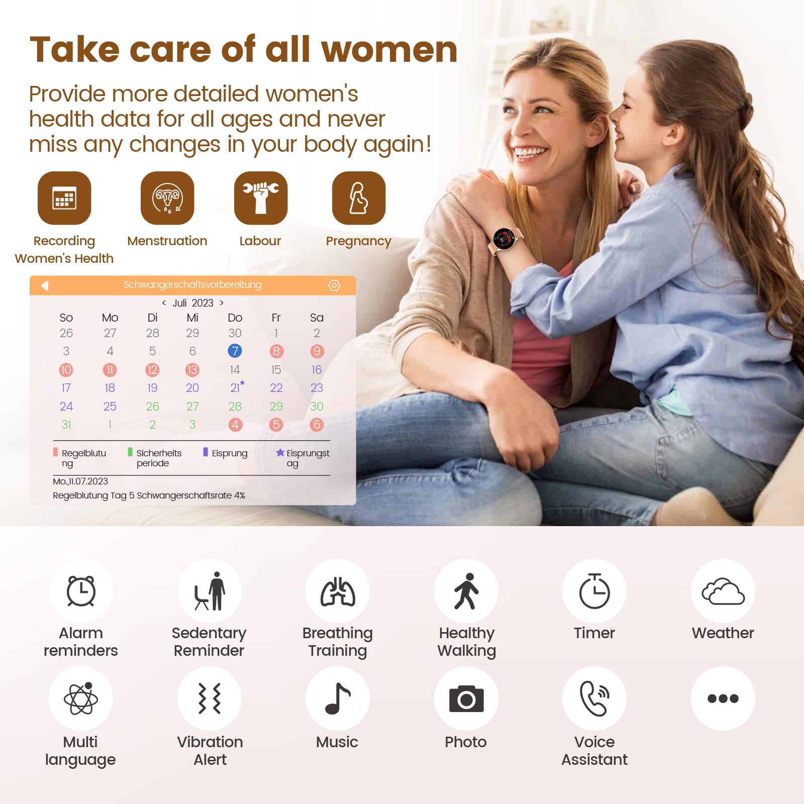 Loekneue Smartwatch Donna con Chiamate 1,39'' Orologio Touchscreen HD /SpO2/Ciclo Mestruale/Monitoraggio del Sonno/IP67Impermeabile/Fitness Pedometro/iOS Android Oro Rosa