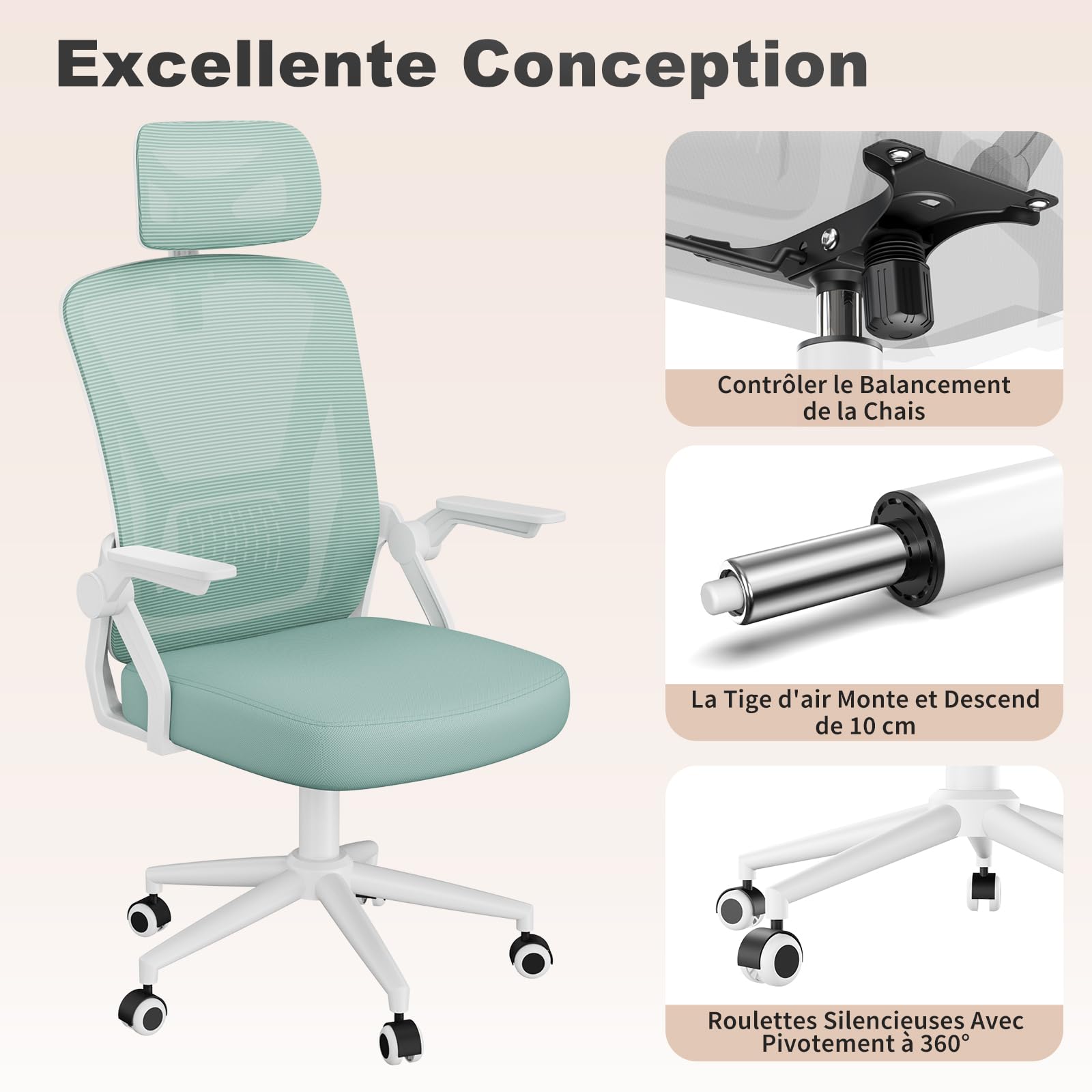 naspaluro Chaise de Bureau Ergonomique avec Accoudoirs Rabattables à 90° (avec Appui-tête, Blanc- Vert)