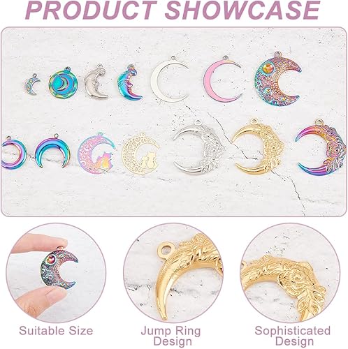 Miniatura 4 de arricraft 28 colgantes de acero inoxidable de 14 estilos de lunas, colgante de lunas chapadas con roseta de gato, accesorios redondos planos,