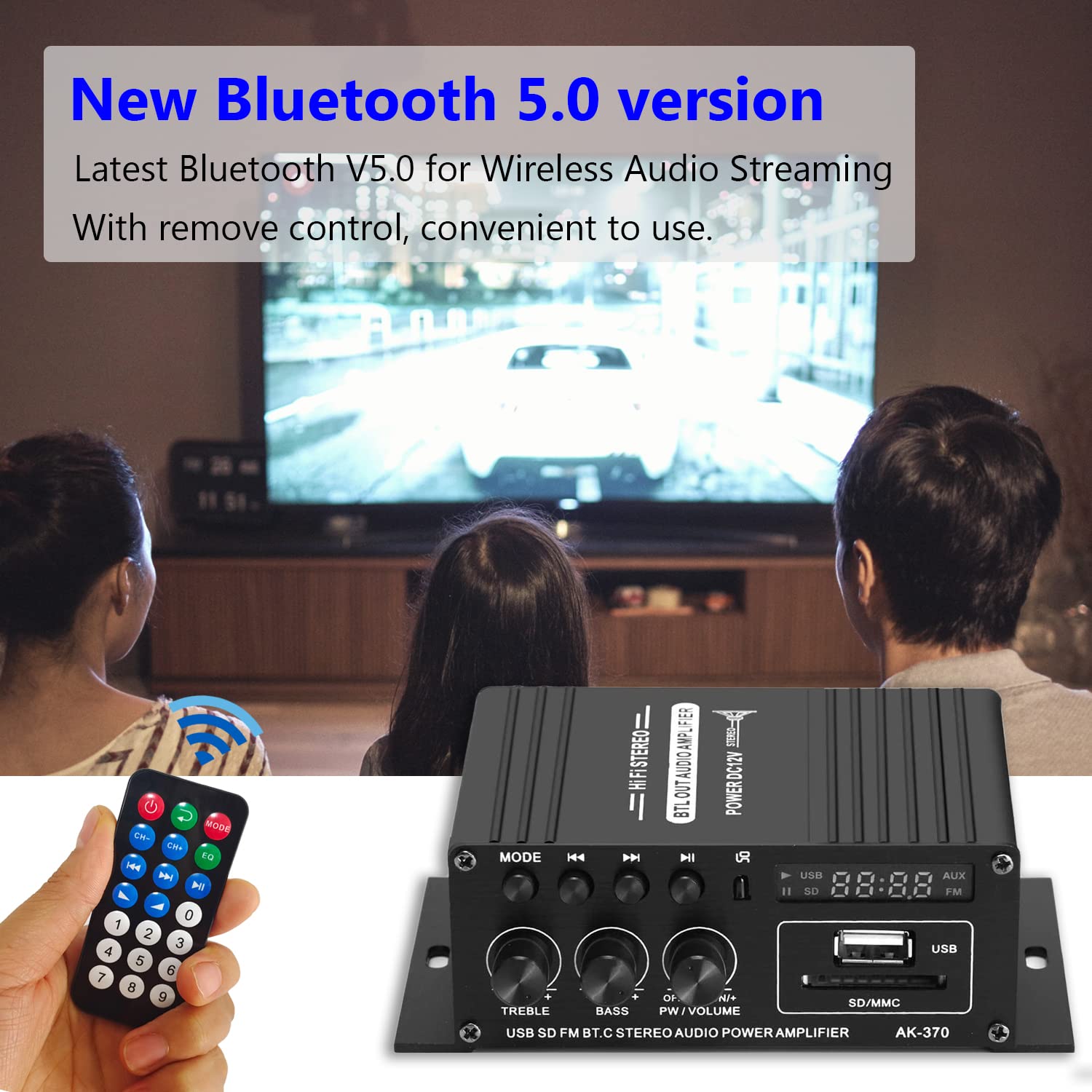 Bluetooth Mini Verstärker 12V, 2.0 Kanal Klar und Realität Sound 400 Watt Home Audio Stereo Hi-Fi Musik für Passiver Lautsprecher PC TV Auto (Kein Netzteil)