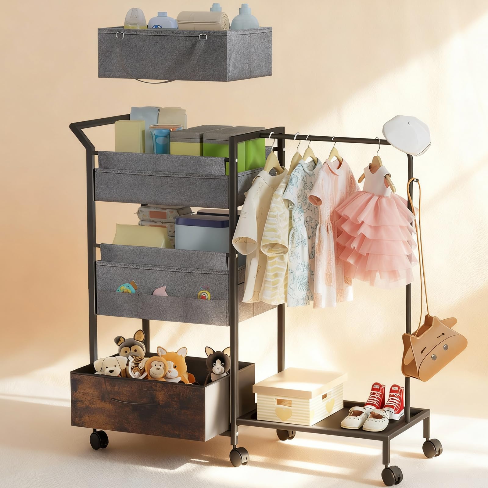 Baby Diaper Caddy Organizer - 3 Tier Rolling Cart with Kids Clothing Rack Mobile Utility Cart with Dividers