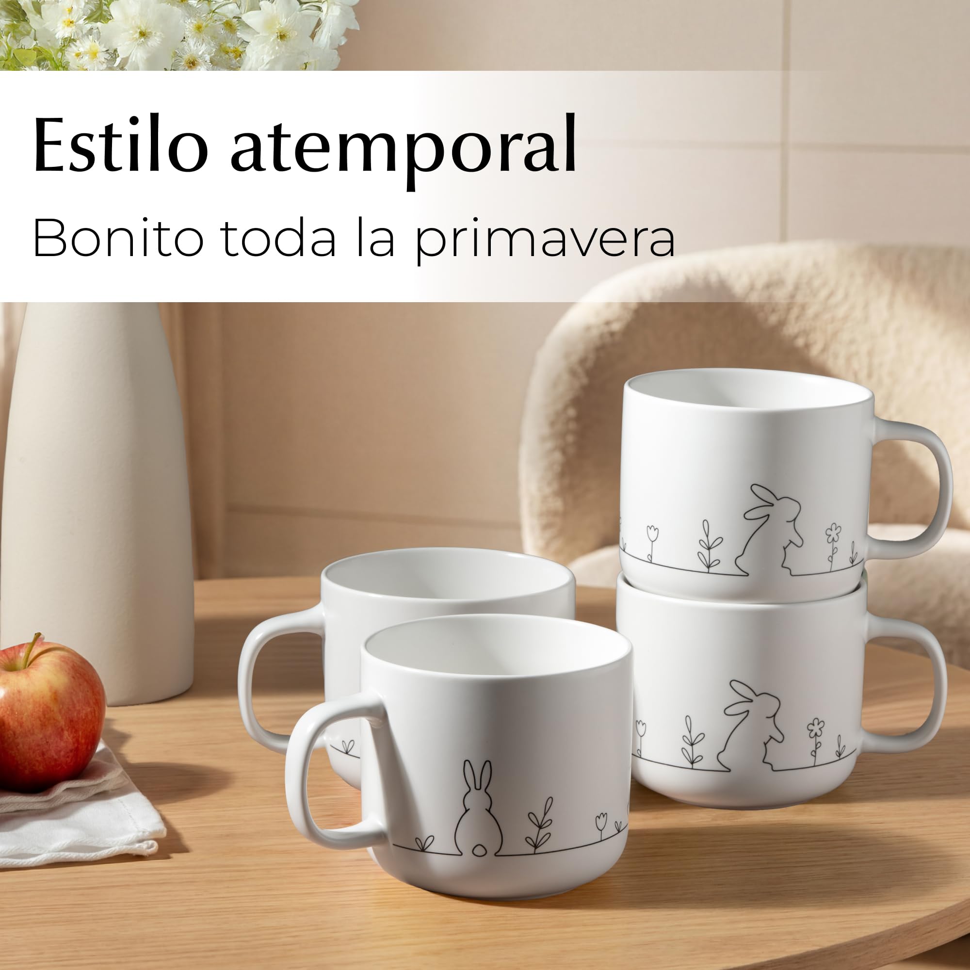 MIAMIO – Juego de tazas de primavera / 4 tazas de café de cerámica de 450 ml en colores pastel/tazas grandes de café y té con un diseño moderno – Regalo en Pascua y primavera (White)